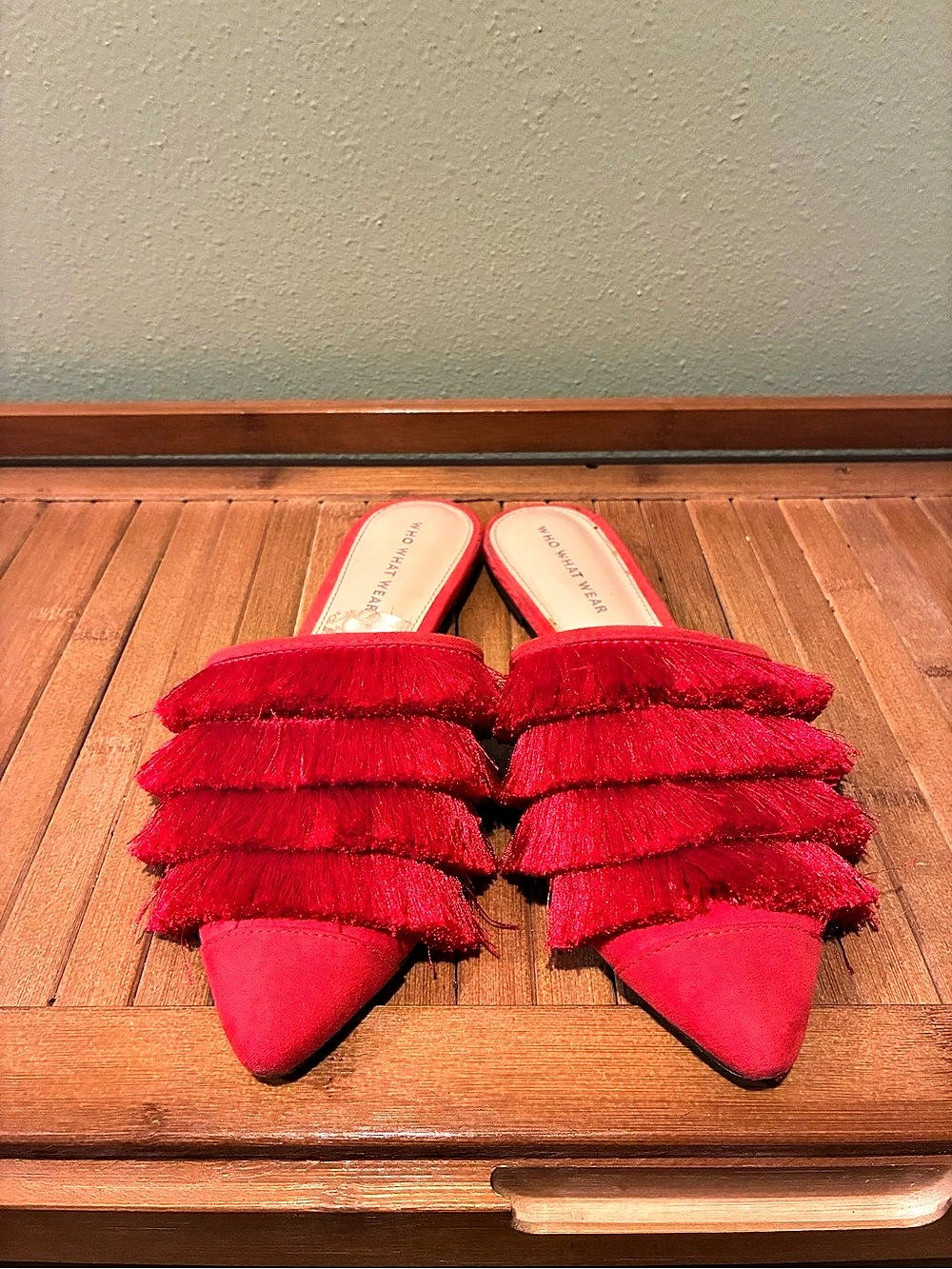 Who What Wear Red Fringe Pointed Toe Mules